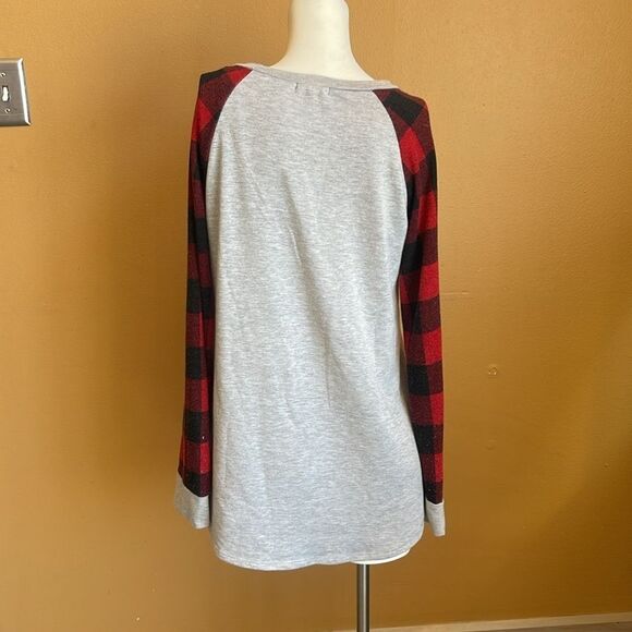 12PM by MON AMI women’s Red RAGLAND plaid sleeves sweatshirt / top / grey Large - Picture 4 of 10